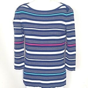 Liz Claiborne Boat Neck Striped Cotton Sweater Navy Pink Turquoise White Medium